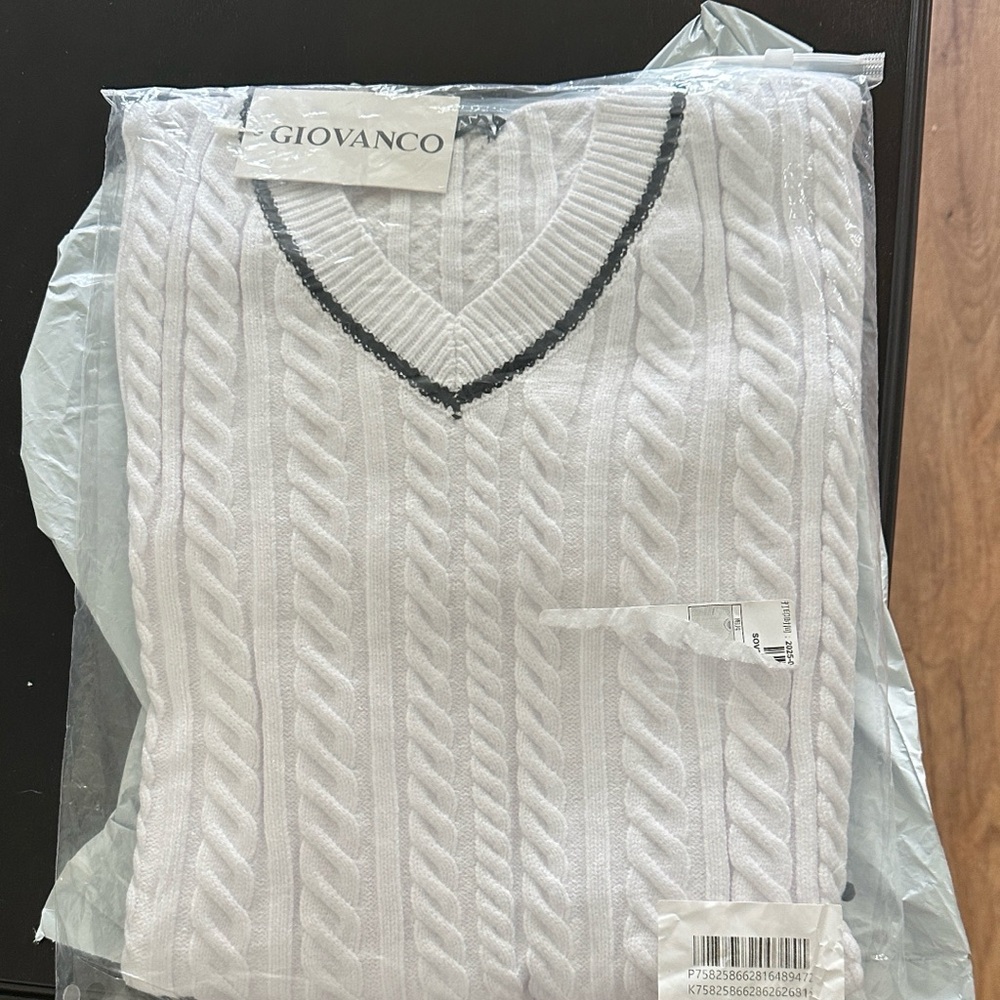 White V-Neck Cable Knit Men's Sweater